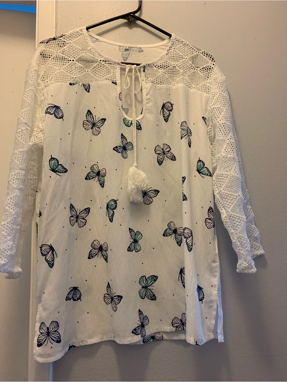 White top Butterfly Print Dress tunic blouse with Lace Trim